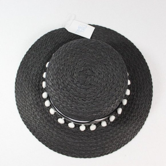 Time And Tru Black Boater Hat With Ribbon Trim Women's One Size Sun Hat - Picture 3 of 5